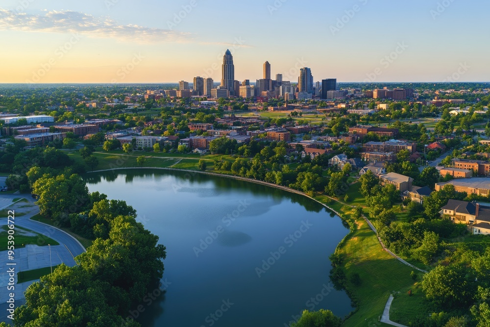 Fototapeta premium Omaha Nebraska Aerial. Panoramic Urban Landscape of Downtown City Skyline
