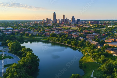 Omaha Nebraska Aerial. Panoramic Urban Landscape of Downtown City Skyline