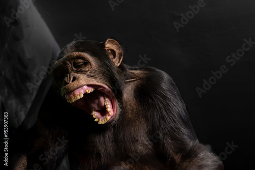 Portrait of a chimpanzee on a gray background. photo