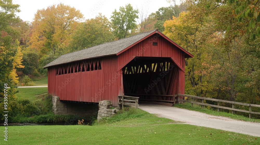 Fototapeta premium Summit County Ohio - Everett Covered Bridge Over River at Cuyahoga National Park