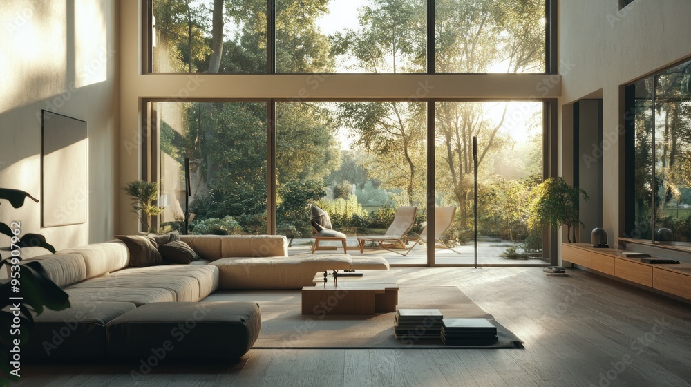 Modern Living Room with Floor-to-Ceiling Windows and a View of a Green Forest Modern Living Room with Floor-to-Ceiling Windows and a View of a Green Forest
