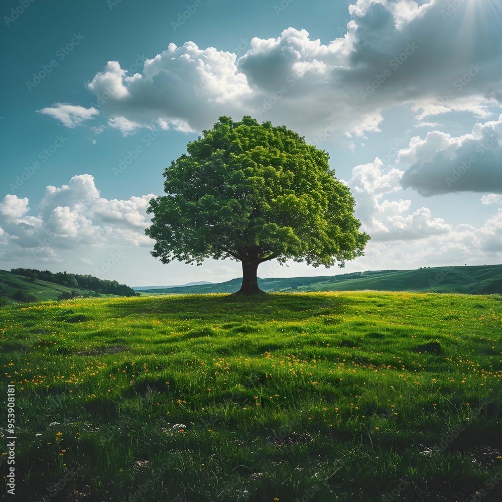 Fototapeta premium Lonely Tree in a Meadow with Blue Sky and White Clouds - Illustration