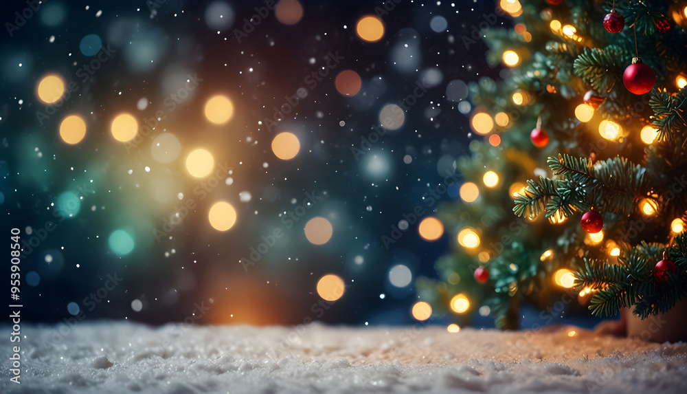 Naklejka premium Background with closeup Christmas tree leaves and blur bokeh lights. Generative AI