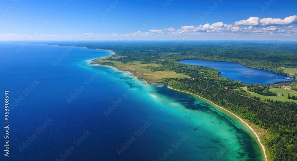Aerial View of Elk Rapids, Elk Lake, and Lake Michigan: A Tranquil Blue Landscape Aerial View of Elk Rapids, Elk Lake, and Lake Michigan: A Tranquil Blue Landscape