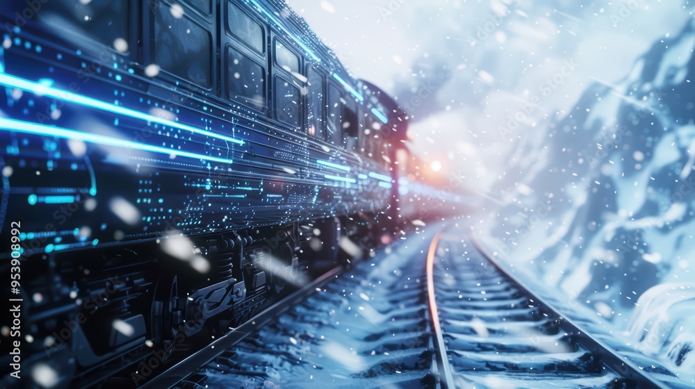 Naklejka premium A futuristic train travels through a snowy landscape, leaving trails of digital light along the railway amidst a winter scene.