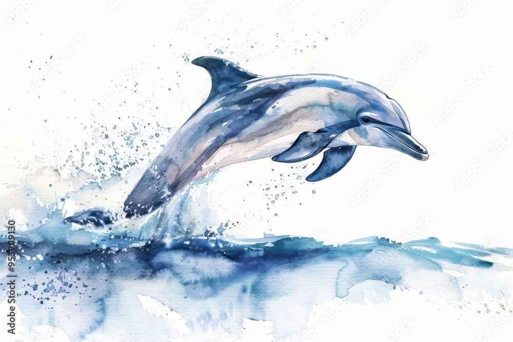 A graceful dolphin leaps from the ocean, surrounded by splashes of vivid watercolor, showcasing the beauty of marine life. A graceful dolphin leaps from the ocean, surrounded by splashes of vivid watercolor, showcasing the beauty of marine life.