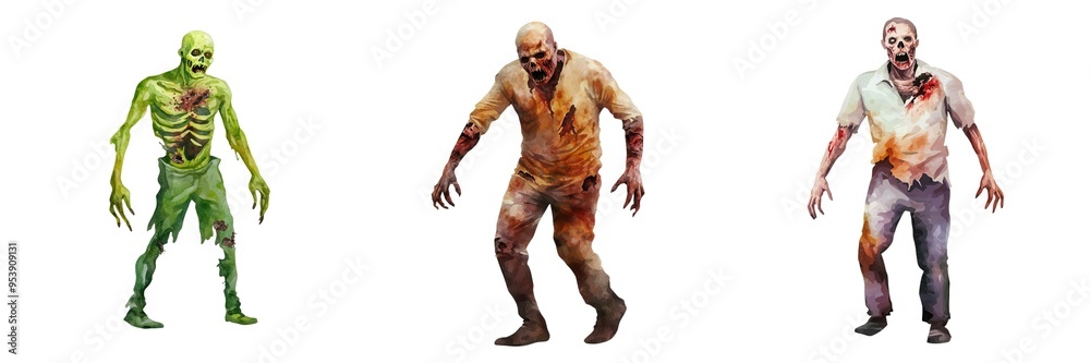 Three unique zombie characters in various decayed states, ideal for horror themes and graphic design projects. Three unique zombie characters in various decayed states, ideal for horror themes and graphic design projects.