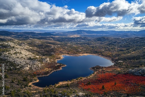 Cuyamaca Mountains. Aerial View of Lake Cuyamaca in Fall Season with Stunning Red and Blue Beauty photo