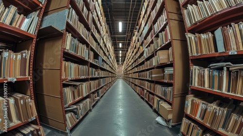 Rows of Books on Shelving in a Large Book Warehouse