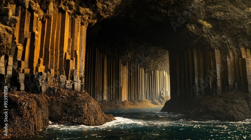 Fingals Cave - Staffa, Scotland. Basalt Rock Formation along Scottish Coastline photo