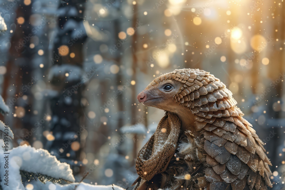 Naklejka premium A pangolin in a snowy forest, showcasing its unique scales and curious expression, surrounded by a magical winter atmosphere.