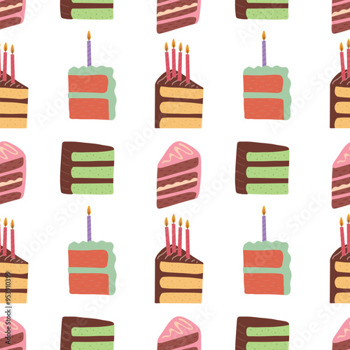 Birthday cream cakes flat vector seamless pattern. Bakery, cakes, dessert, pastries linear templates. Doodle vectors. Food icons, sweet elements background for menu, cafe shop. Hand drawn.