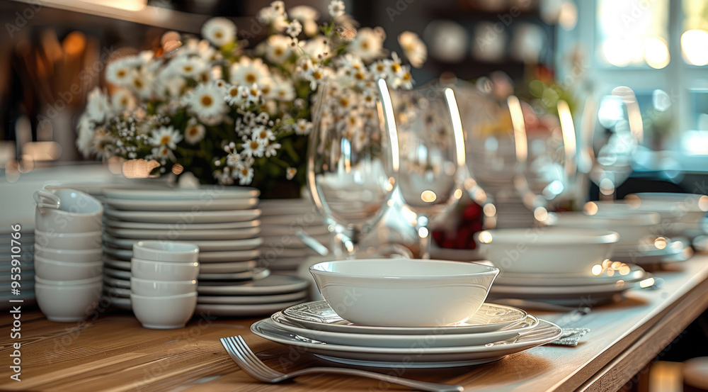 Beautiful dinner sets in kitchen. Generative AI. Beautiful dinner sets in kitchen. Generative AI.
