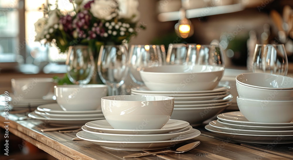 Beautiful dinner sets in kitchen. Generative AI. Beautiful dinner sets in kitchen. Generative AI.