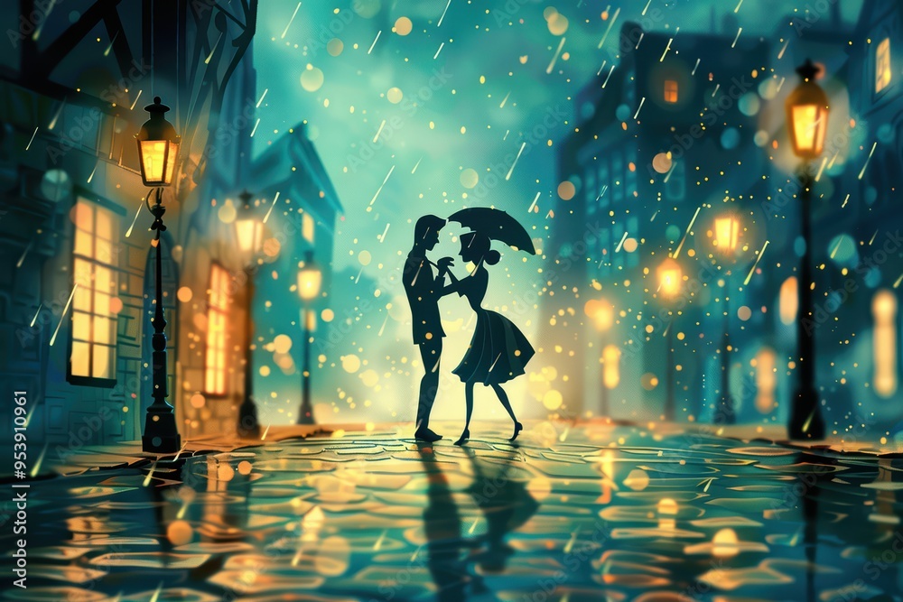 A romantic couple embraces under an umbrella in the rain, illuminated by glowing street lamps and reflections on the wet pavement. A romantic couple embraces under an umbrella in the rain, illuminated by glowing street lamps and reflections on the wet pavement.