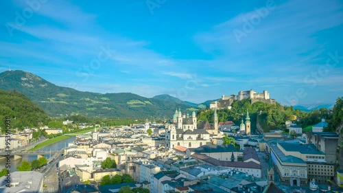 City of Salzburg with Festung Hohensalzburg, State of Salzburg, Austria. Timelapse video day with moving clouds