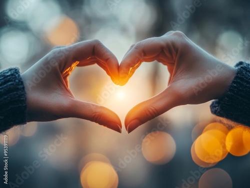 Hands forming a heart shape with sunlight in the background, symbolizing love, connection, and warmth. Ideal for romantic and inspirational themes.