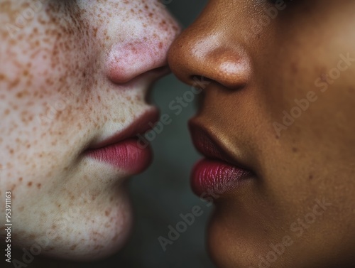 Close-up of two people's faces, showcasing diverse skin tones and textures, highlighting beauty, diversity, and intimate connection.