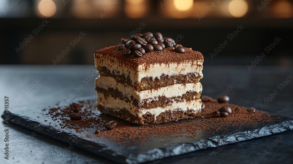 Tiramisu with layers of coffee-soaked ladyfingers, on a dark slate board with a dramatic lighting backdrop Tiramisu with layers of coffee-soaked ladyfingers, on a dark slate board with a dramatic lighting backdrop