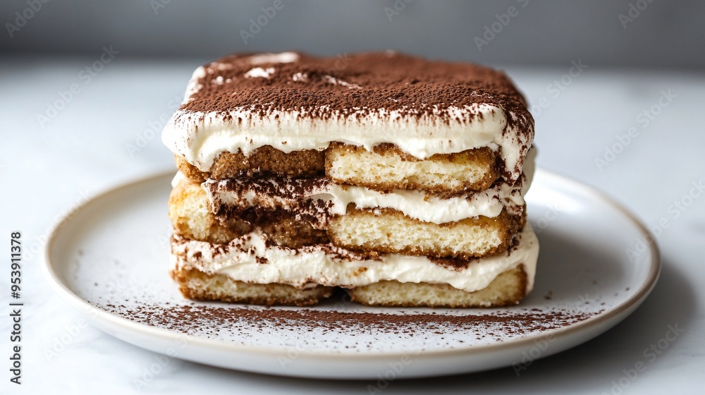 Tiramisu with layers of coffee-soaked ladyfingers, on a glossy white plate with a soft grey backdrop Tiramisu with layers of coffee-soaked ladyfingers, on a glossy white plate with a soft grey backdrop