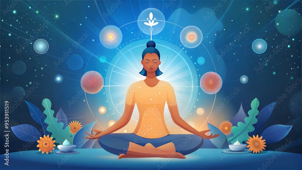 Meditation practice with a calm woman surrounded by energy symbols and nature Meditation practice with a calm woman surrounded by energy symbols and nature