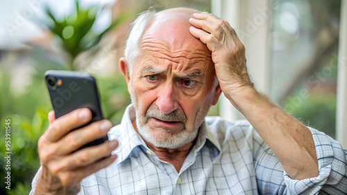 elderly man, nervous, scared and stressed holding a smartphone. scams and difficulties against elderly people, online payments, transactions, AI generated