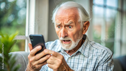 elderly man, nervous, scared and stressed holding a smartphone. scams and difficulties against elderly people, online payments, transactions, AI generated