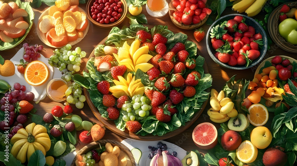 A vibrant brunch spread with 3D-rendered fresh fruits and vegetables arranged beautifully A vibrant brunch spread with 3D-rendered fresh fruits and vegetables arranged beautifully