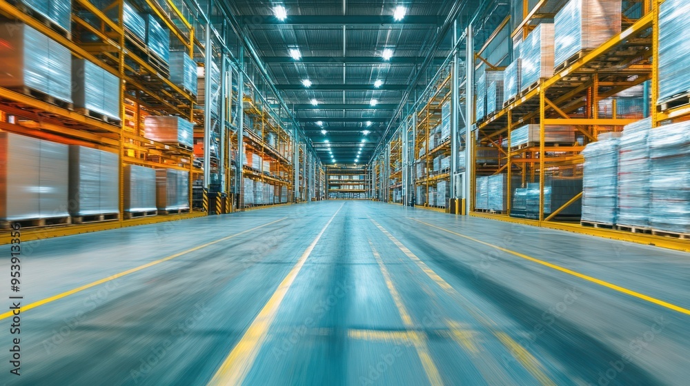 Empty Warehouse Aisle with Yellow Lines and Blurred Shelving Empty Warehouse Aisle with Yellow Lines and Blurred Shelving