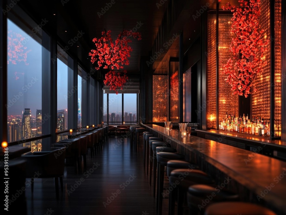A modern bar interior with elegant design, showcasing ambient lighting and stunning city views, perfect for nightlife photography. A modern bar interior with elegant design, showcasing ambient lighting and stunning city views, perfect for nightlife photography.
