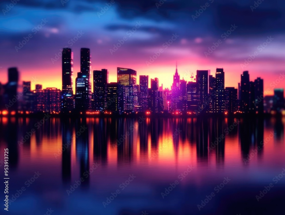 Fototapeta premium Stunning cityscape at sunset, showcasing a vibrant skyline reflected in calm waters, perfect for urban themes and designs.