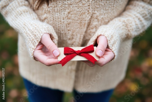 Person in cozy sweater holding a gift card with a red ribbon, signifying warmth and giving.