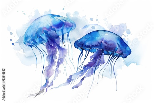 A vibrant watercolor illustration of stunning blue jellyfish gracefully swimming among soft pastel colors.