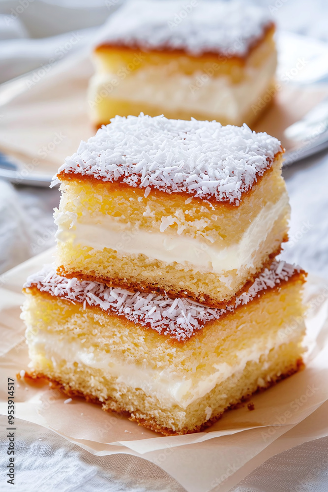 an Australian lamington cake cut in half to show the cream filling an Australian lamington cake cut in half to show the cream filling