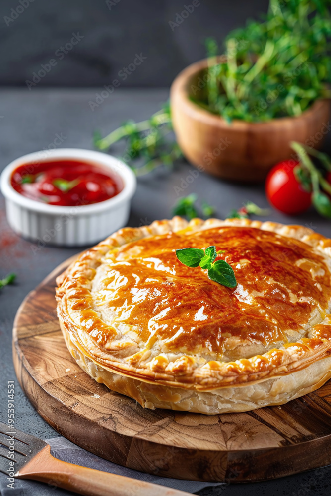 an Australian meat pie with tomato sauce, served on a rustic wooden board an Australian meat pie with tomato sauce, served on a rustic wooden board
