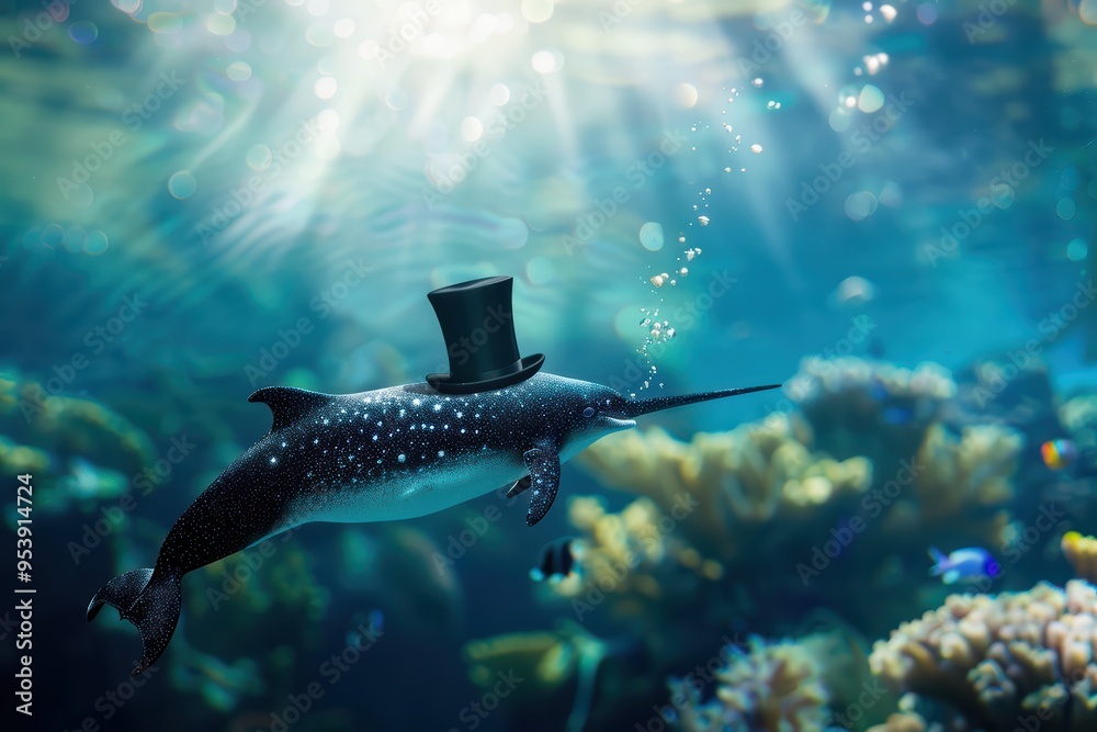 Fototapeta premium A whimsical narwhal wearing a top hat swims gracefully through vibrant coral reefs under shimmering underwater light.