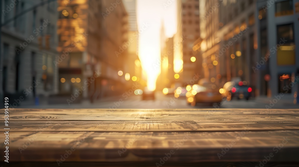 A wooden tabletop in foreground, capturing the warm glow of sunset reflecting off city buildings in the background. A wooden tabletop in foreground, capturing the warm glow of sunset reflecting off city buildings in the background.
