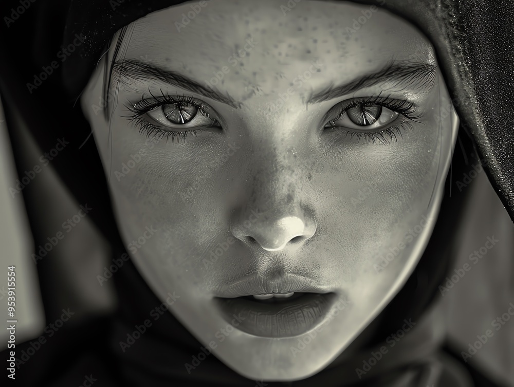 Black and white image of nun, piercing gaze, deep shadows, striking Black and white image of nun, piercing gaze, deep shadows, striking