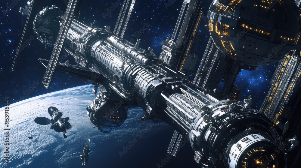 A futuristic space station orbiting a distant planet, with astronauts conducting experiments and research A futuristic space station orbiting a distant planet, with astronauts conducting experiments and research