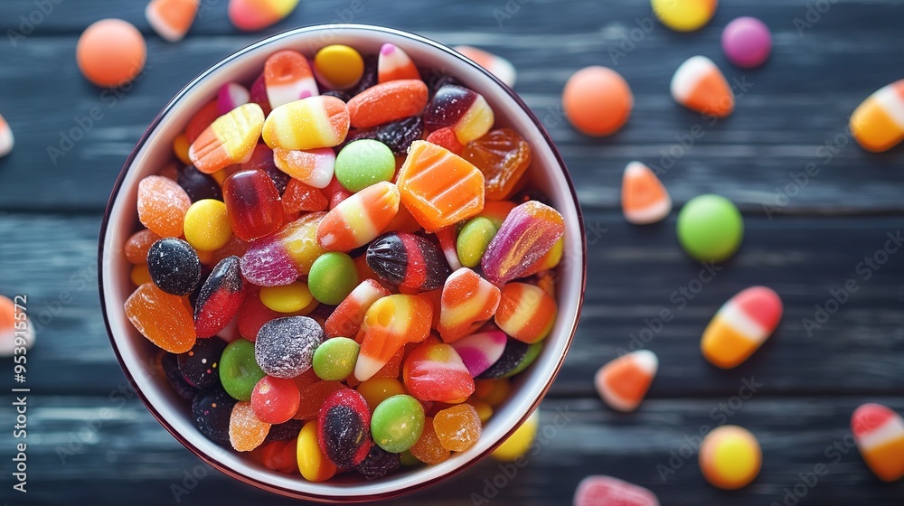 A bowl filled with a variety of Halloween candies, ready for trick-or-treaters. copy space for text. A bowl filled with a variety of Halloween candies, ready for trick-or-treaters. copy space for text.