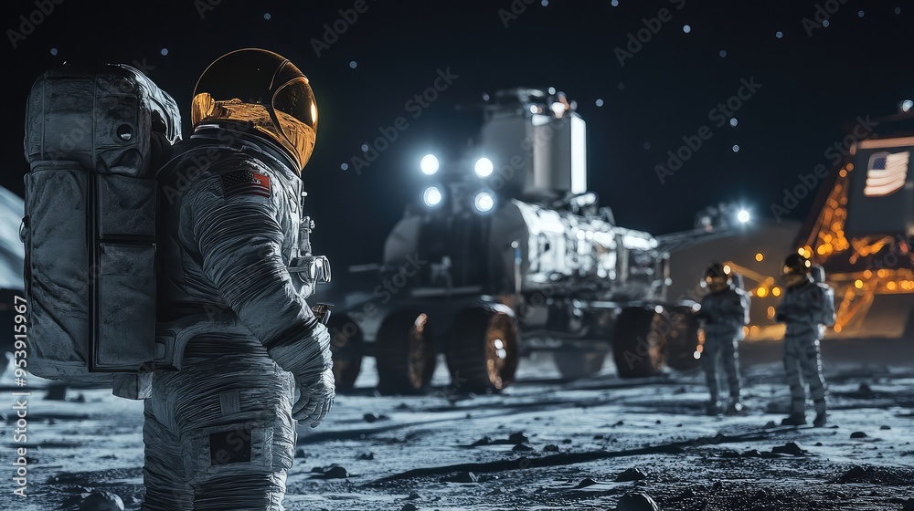 A group of international astronauts collaborating on a space mission to establish a base on the Moon or Mars A group of international astronauts collaborating on a space mission to establish a base on the Moon or Mars