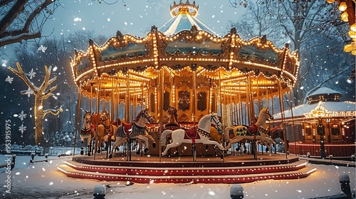 Christmas-themed background with an ornate carousel, horses, and snow. Generative AI.