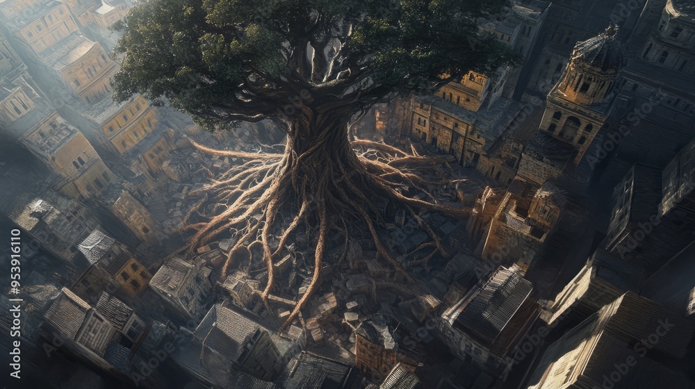 Fototapeta premium Ancient Tree Roots Embrace City: Stunning Aerial View of Urban Harmony