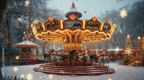 Christmas-themed background with an ornate carousel, horses, and snow. Generative AI.