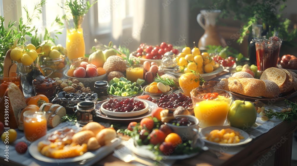 A colorful brunch spread with 3D-rendered fruits vegetables and freshly baked bread A colorful brunch spread with 3D-rendered fruits vegetables and freshly baked bread