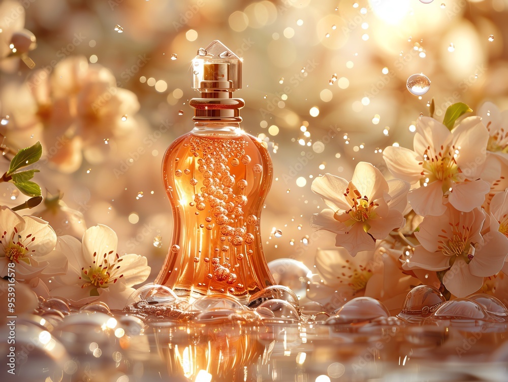 Perfume bottle with flowers and bubbles, golden light, elegant Perfume bottle with flowers and bubbles, golden light, elegant
