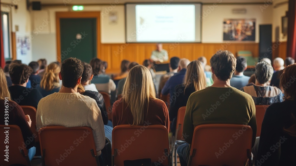 A community meeting in a local hall where peer-to-peer insurance models are being explained. A community meeting in a local hall where peer-to-peer insurance models are being explained.