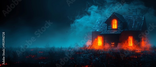 Spooky haunted house with glowing windows, against a dark blue background