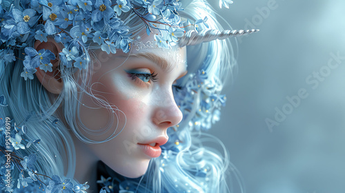White unicorn with blue floral details, elegant design