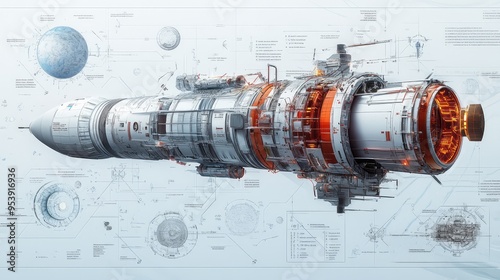 Fototapeta Naklejka Na Ścianę i Meble -  A detailed schematic of a spacecraft designed for long-duration space travel and interplanetary colonization